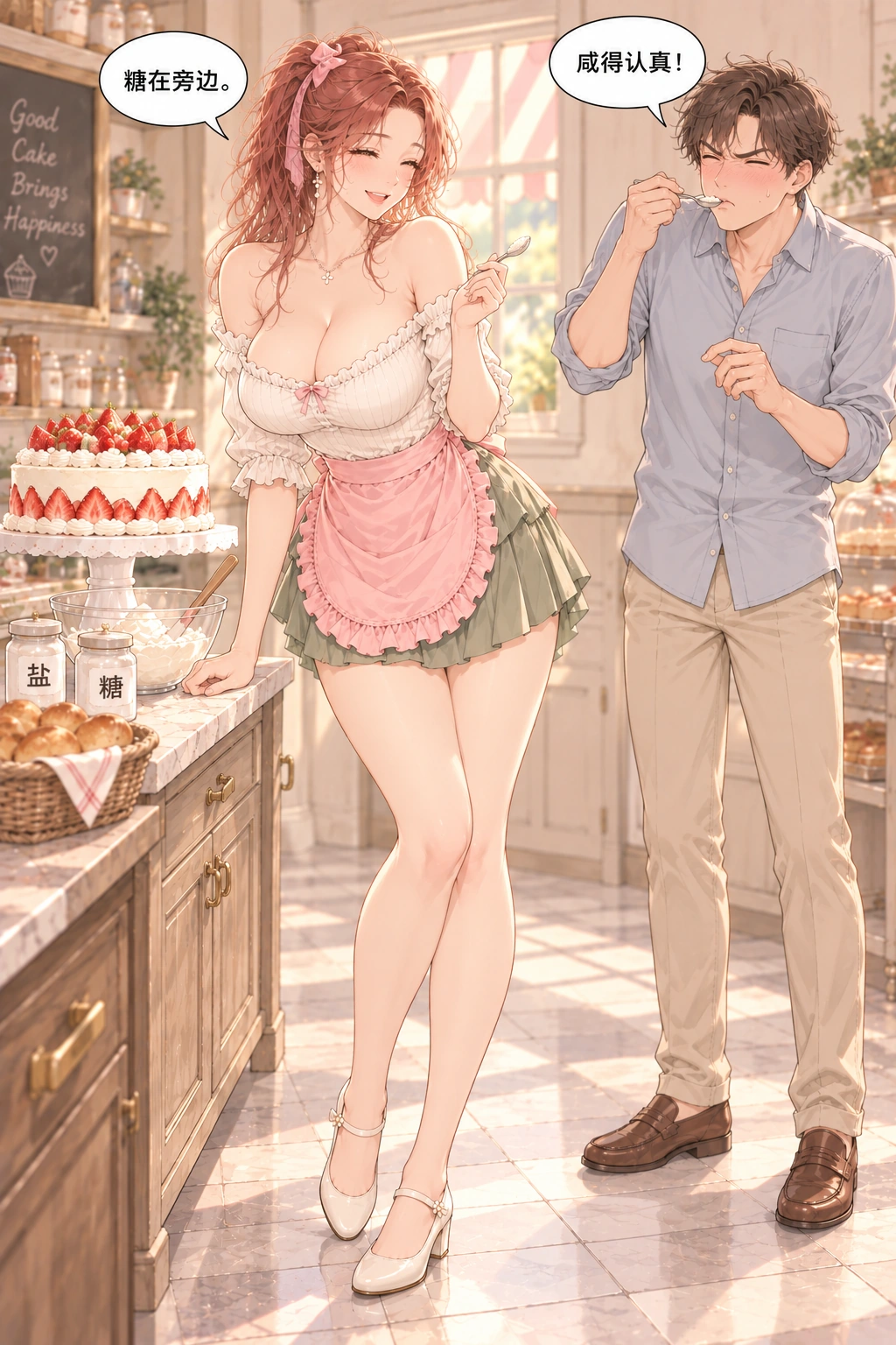 别急着尝甜头漫画画面：两人试味发现奶油咸了