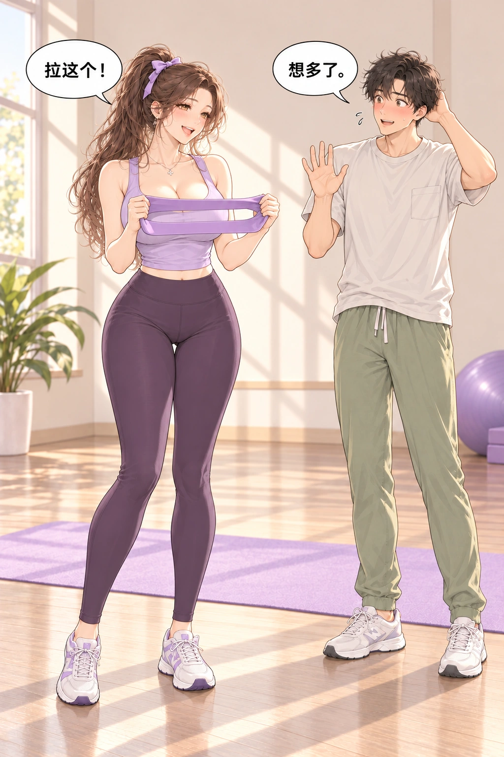 帮我拉一下漫画画面：她举起弹力带揭示要拉的对象