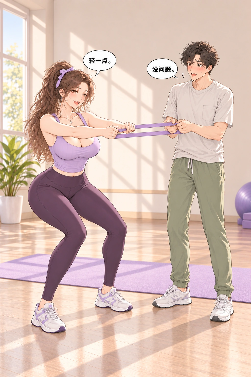 帮我拉一下漫画画面：两人轻拉弹力带开始练习