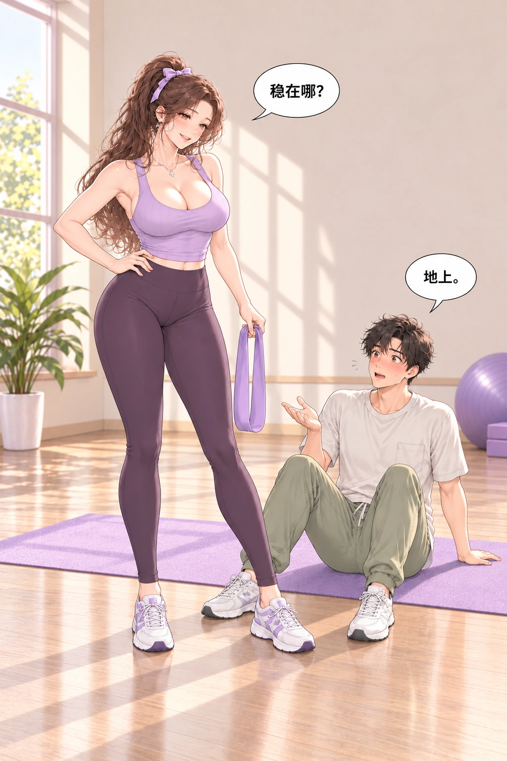 帮我拉一下漫画画面：他坐到垫子上用地上稳回应