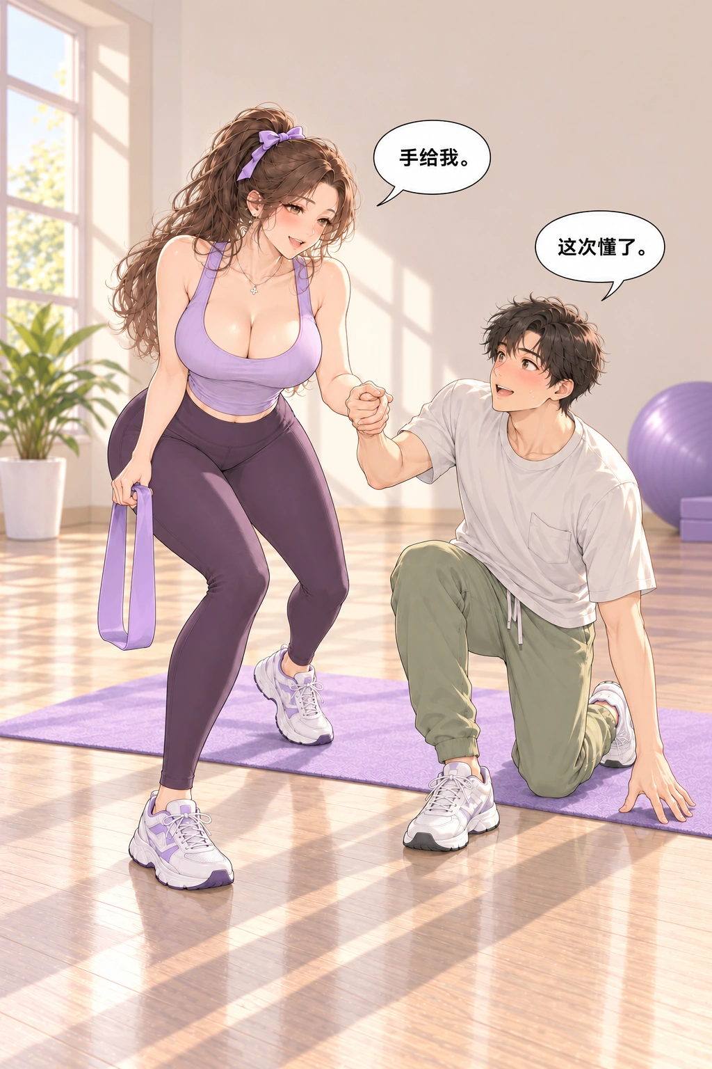 帮我拉一下漫画画面：她伸手帮助他从垫上起身