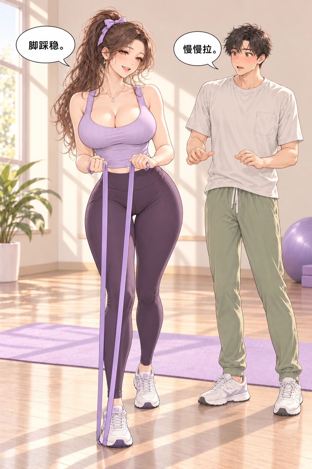 帮我拉一下漫画画面：女主示范脚踩弹力带轻缓拉动