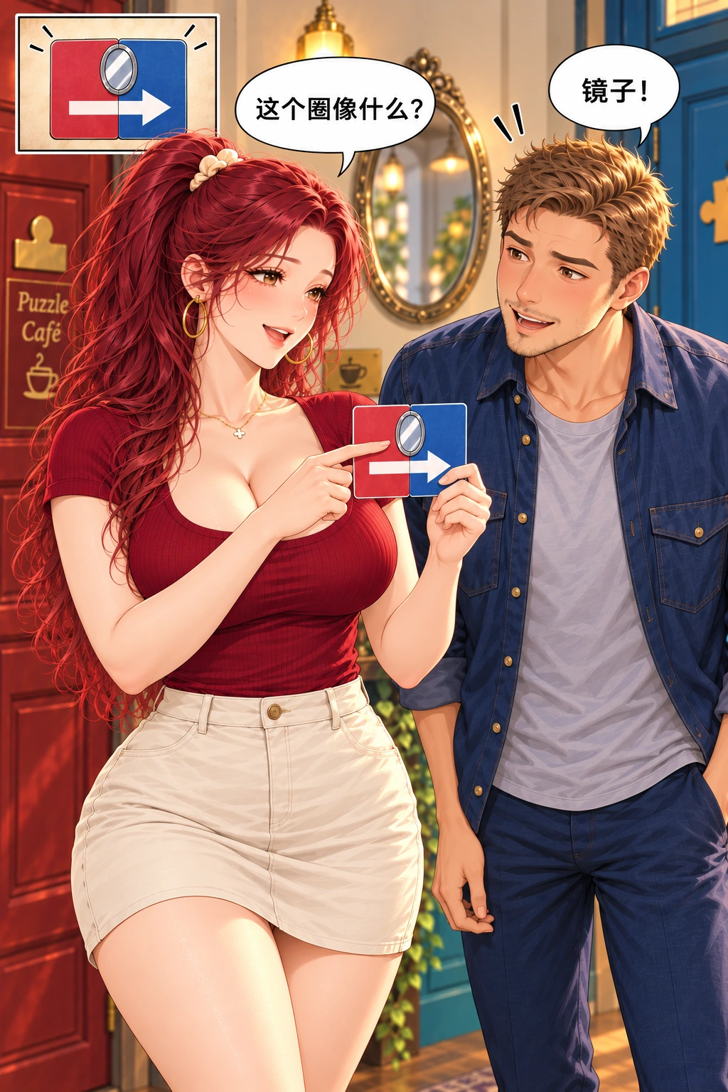 先别松手漫画画面：她发现合卡后的图标提示镜子