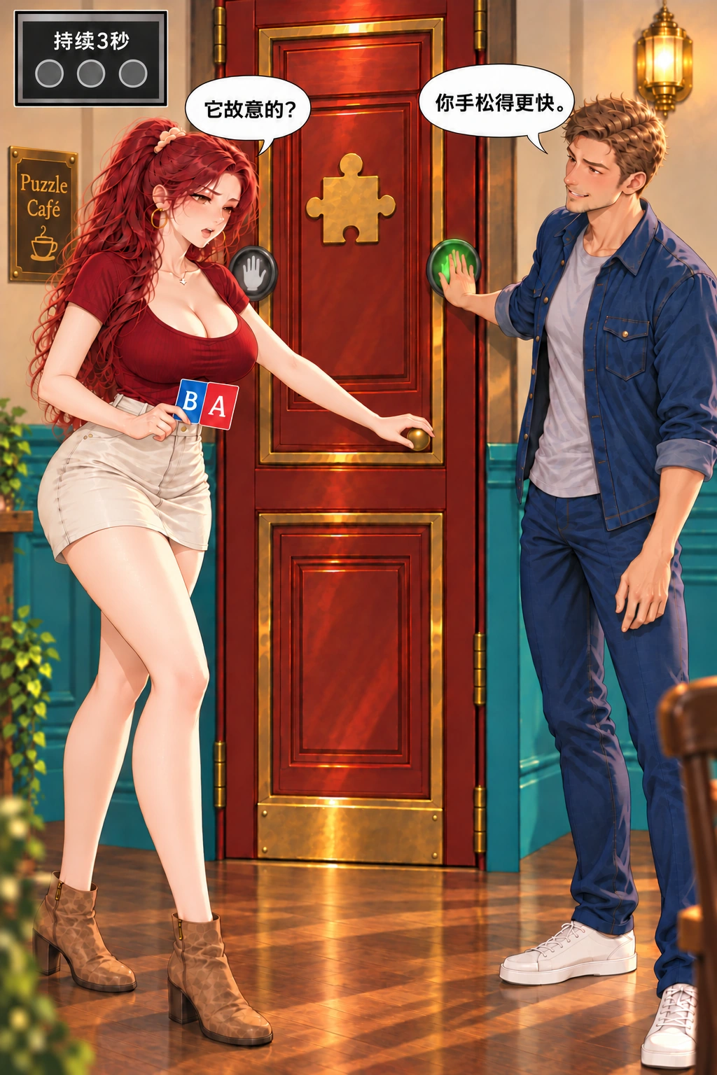 先别松手漫画画面：她提前松手去拉门导致进度复位