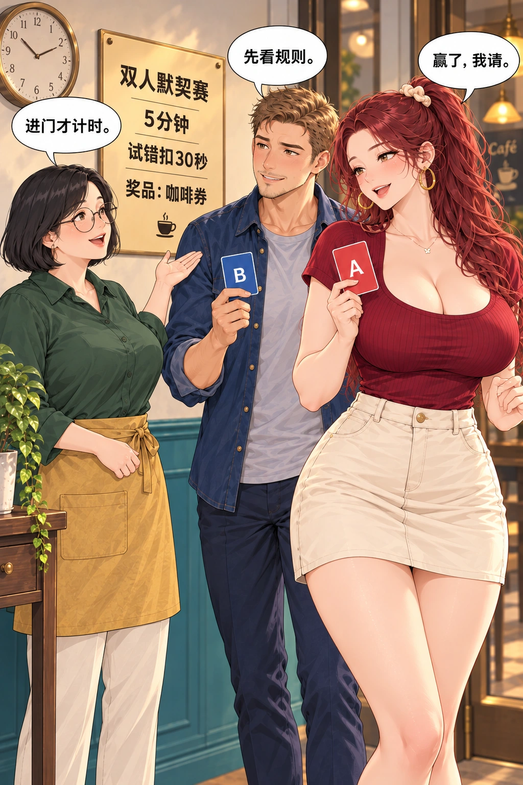 先别松手漫画画面：接待员说明计时规则两人领取红蓝半卡并约定奖品咖啡