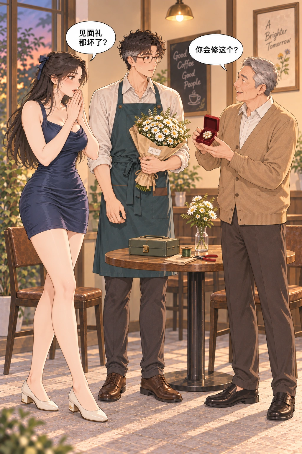 五分钟男朋友漫画画面：父亲拿出损坏的旧胸针让两人意外