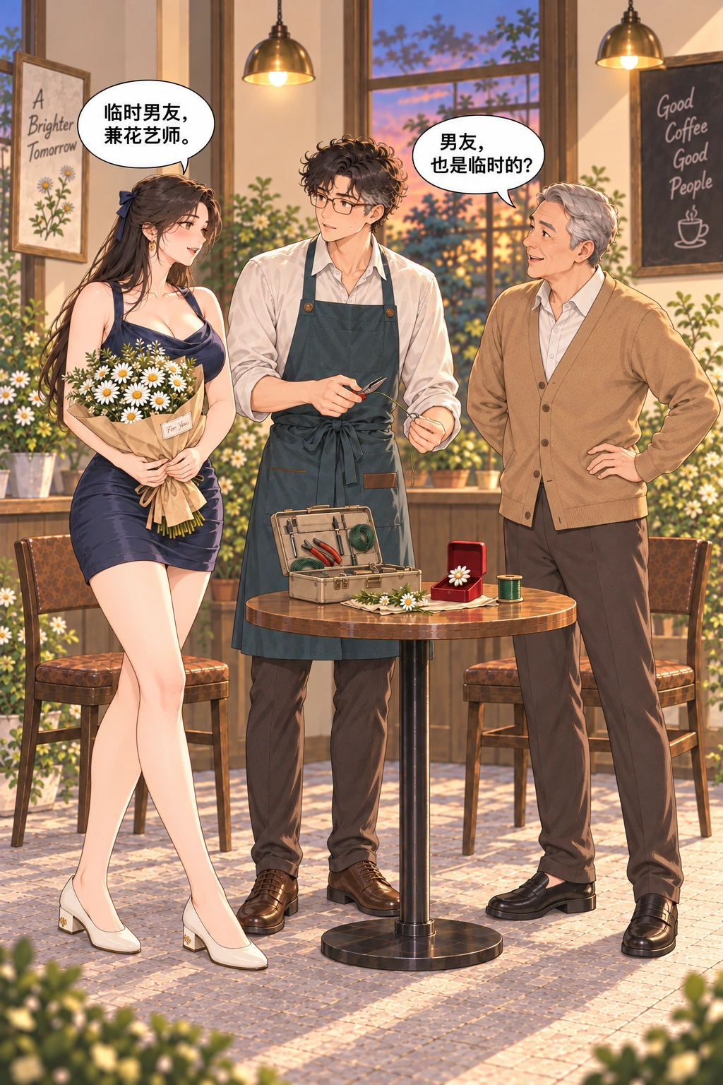 五分钟男朋友漫画画面：她解释他的双重身份父亲反问临时男友