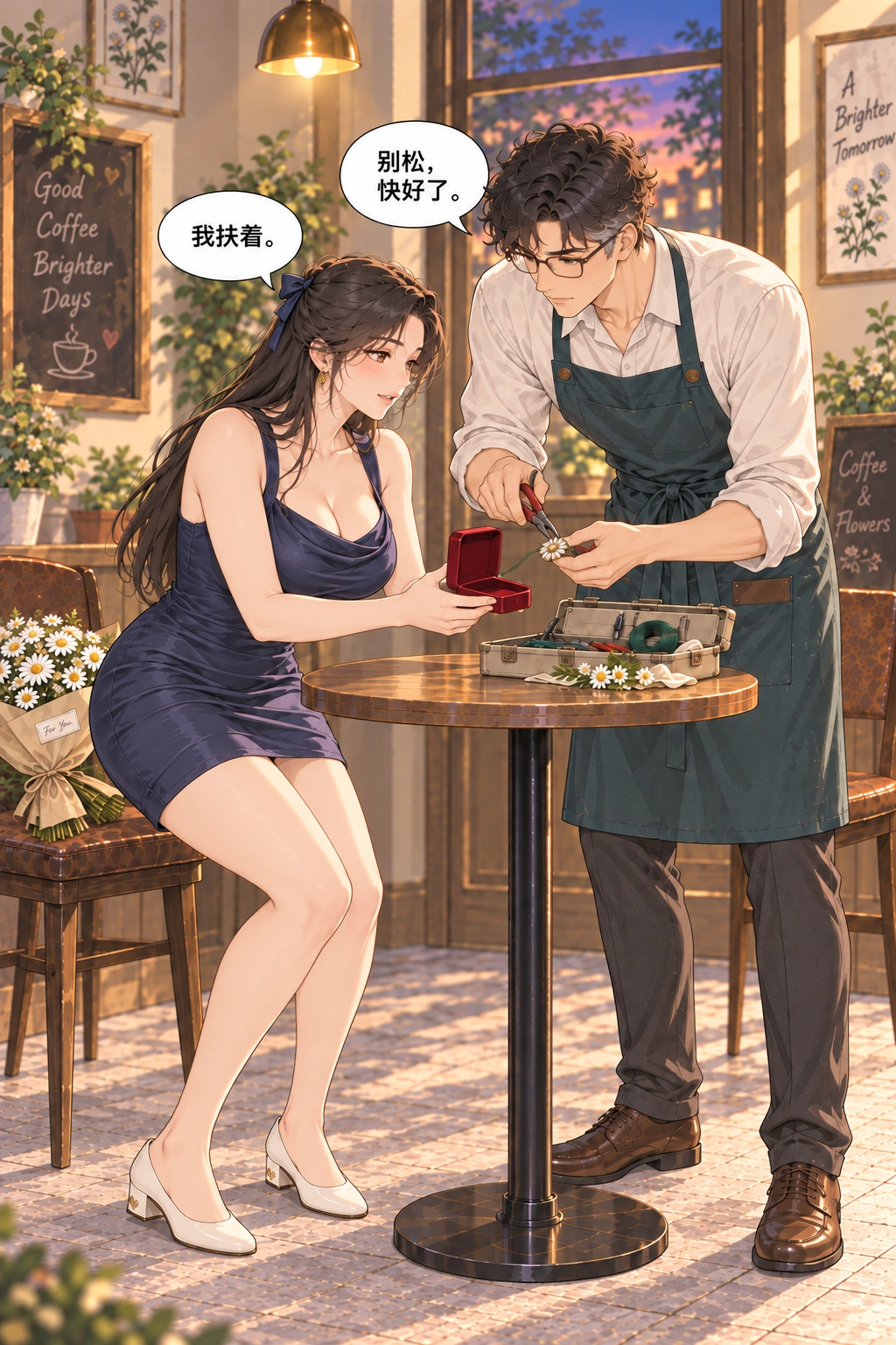 五分钟男朋友漫画画面：两人合作固定胸针的搭扣