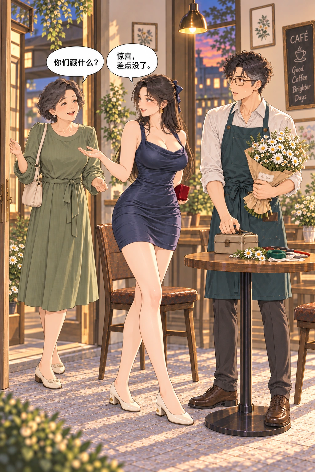 五分钟男朋友漫画画面：母亲到来时他们藏好修复的礼物