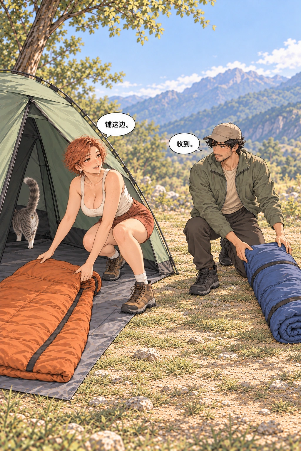 你睡里面漫画画面：两人铺开睡袋时猫钻进帐篷