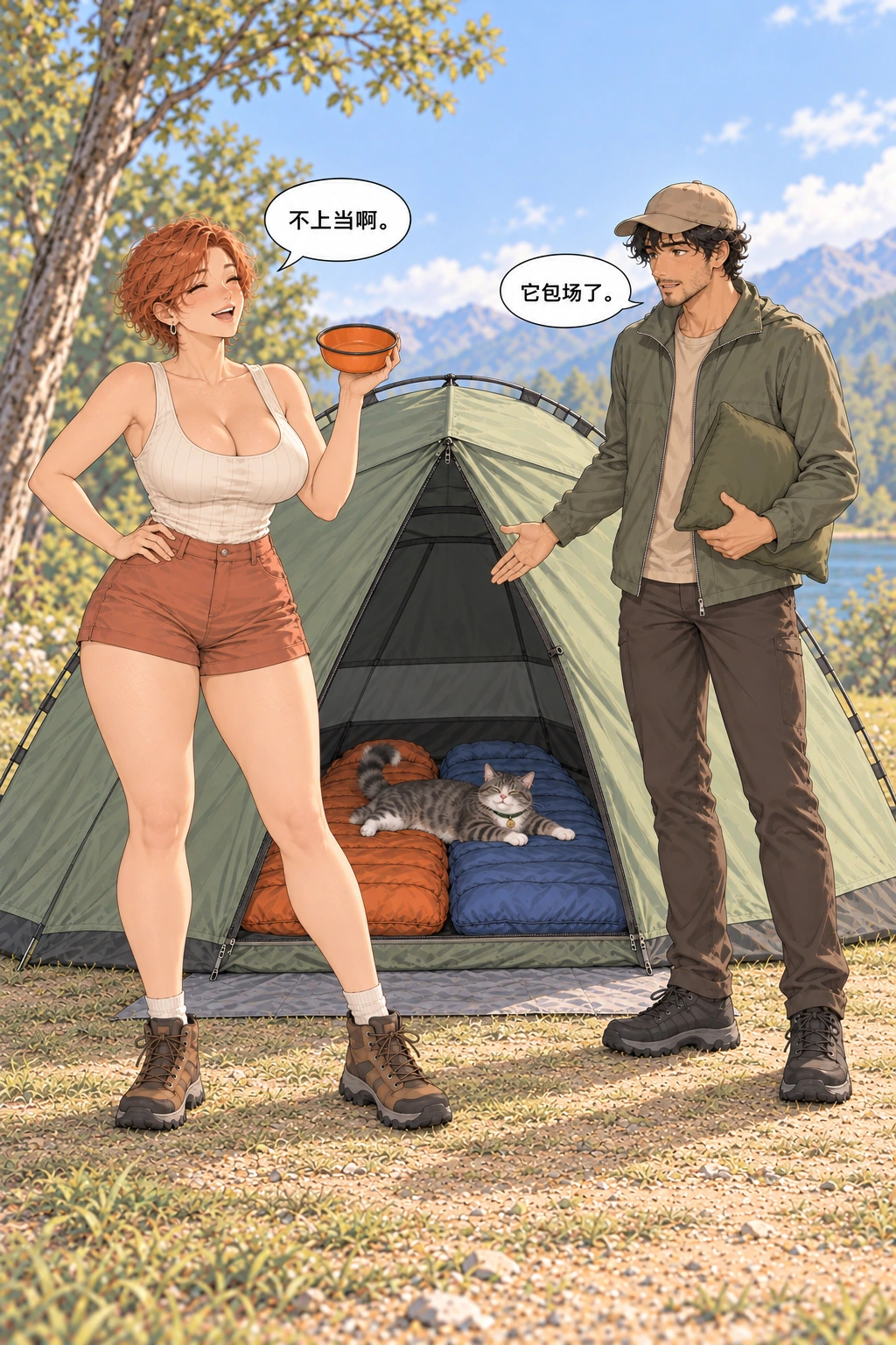 你睡里面漫画画面：猫干脆占领两只睡袋