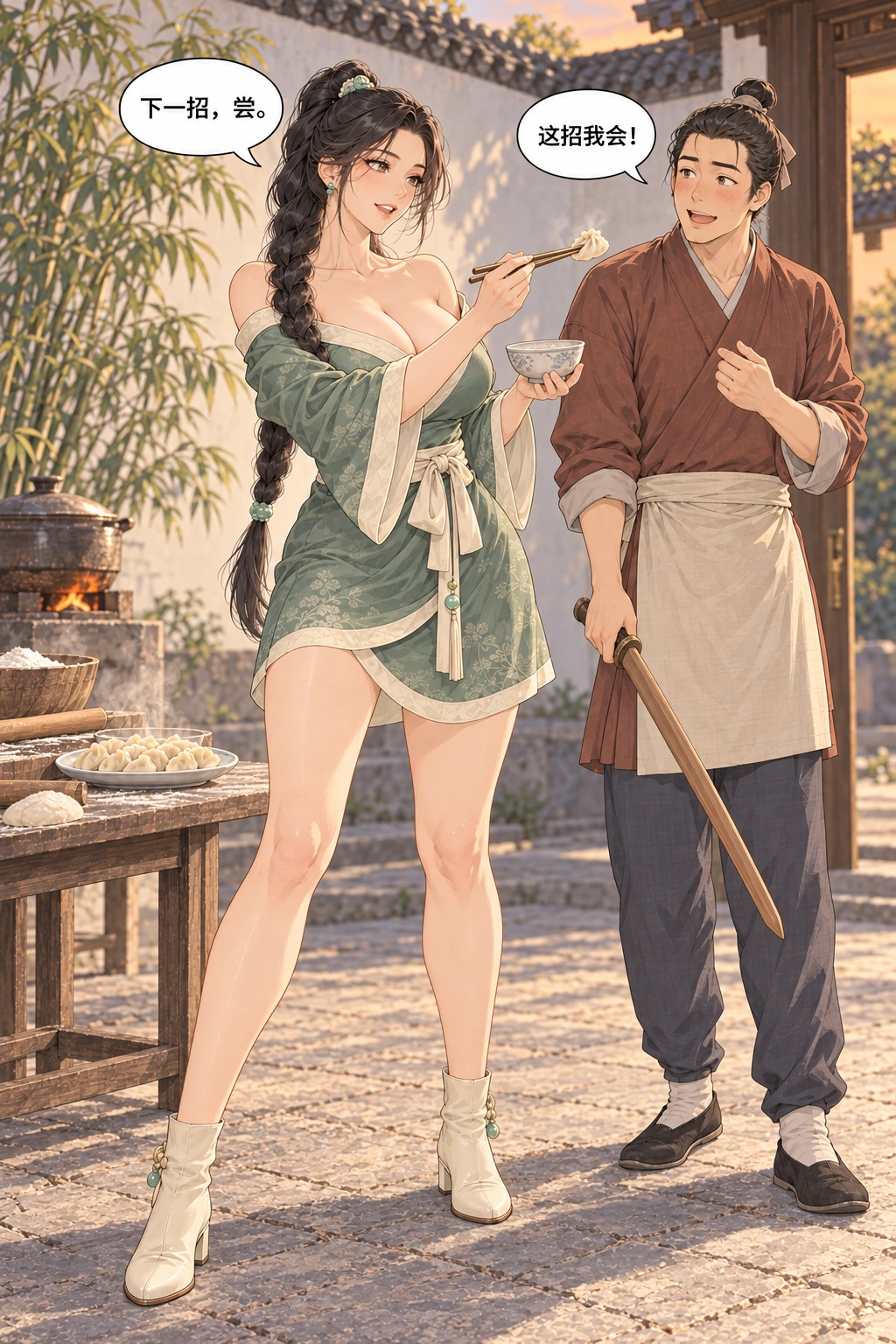 今晚陪我练漫画画面：两人以品尝饺子结束特别训练