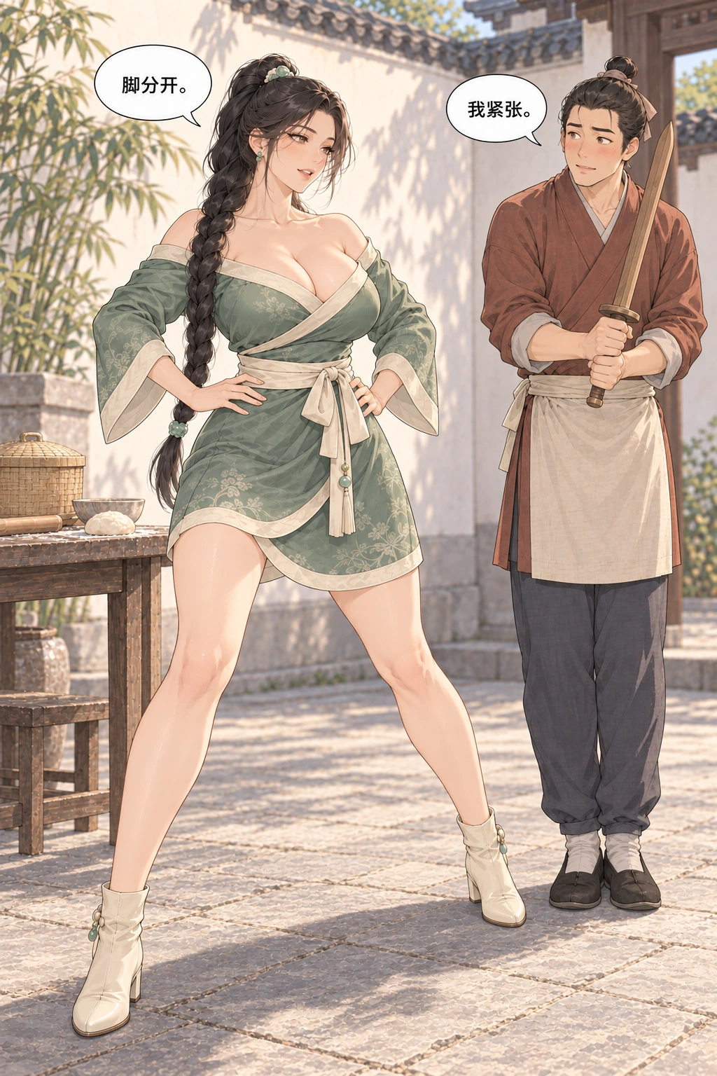 今晚陪我练漫画画面：她纠正他过于拘谨的站姿