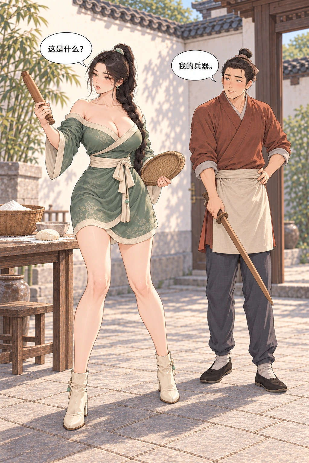 今晚陪我练漫画画面：她从篮中找出擀面杖