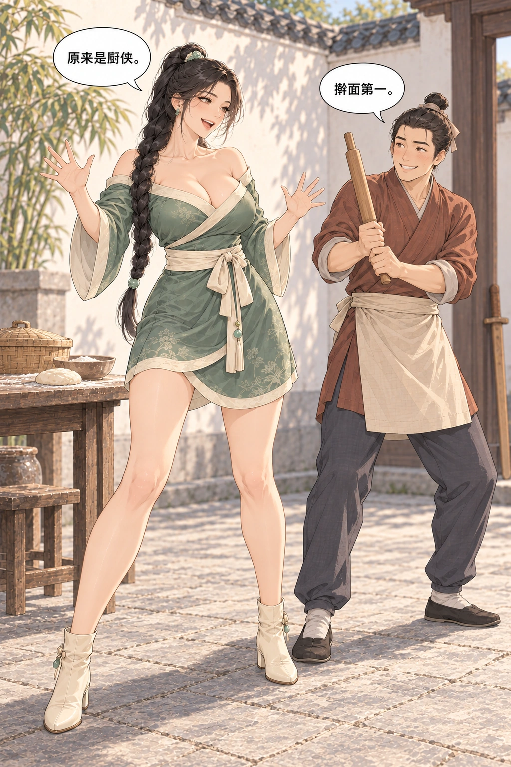 今晚陪我练漫画画面：他自称厨侠并把木剑放好