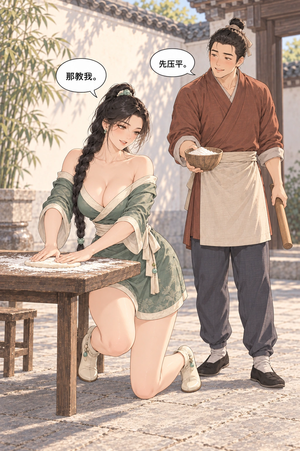 今晚陪我练漫画画面：两人开始用面团练习