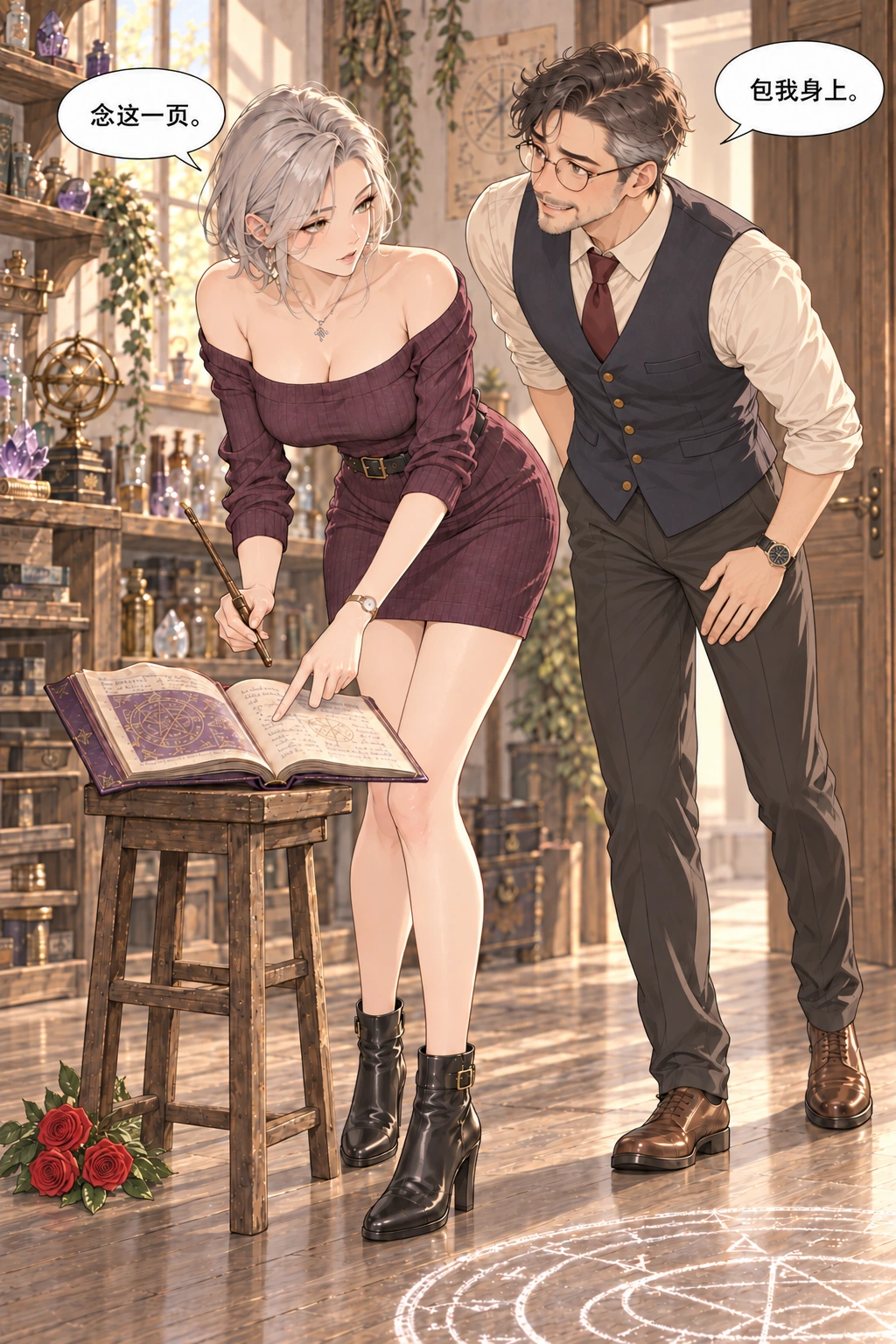 今晚只叫你漫画画面：她指着书页示范他自信答应