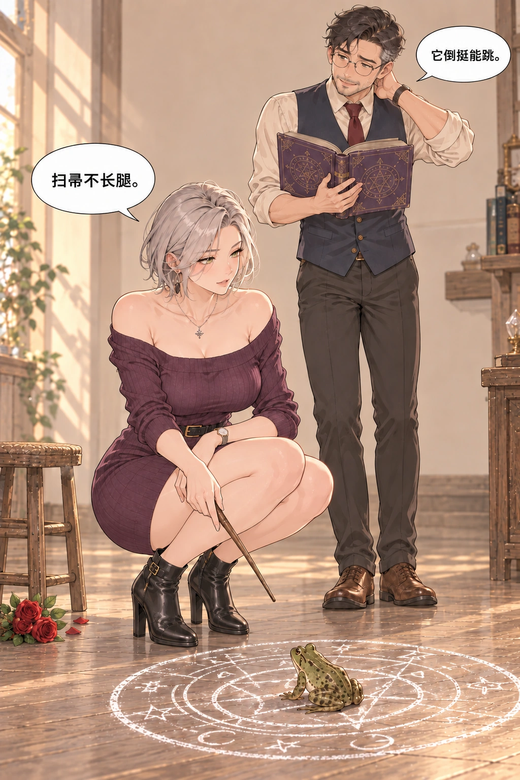 今晚只叫你漫画画面：她指着青蛙解释扫帚不长腿