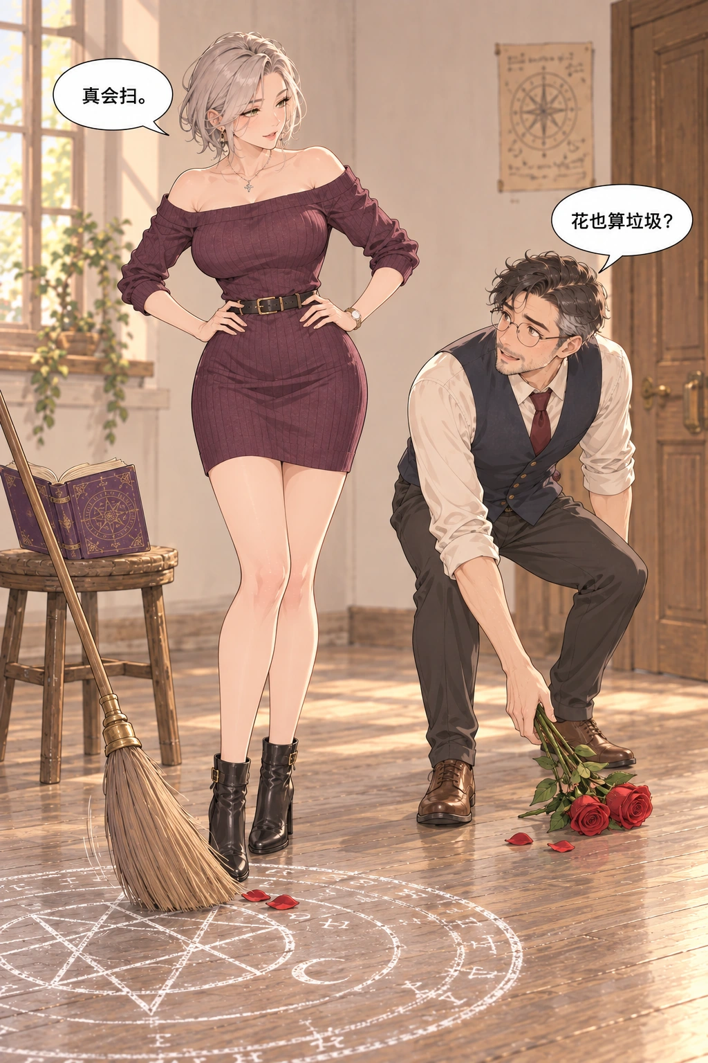 今晚只叫你漫画画面：扫帚开始清扫掉落的花瓣