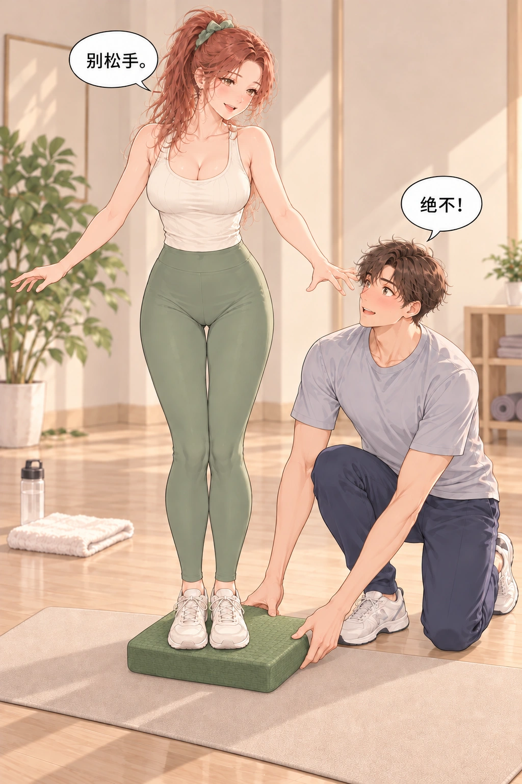 扶稳再放手漫画画面：他扶住垫子她开始练习