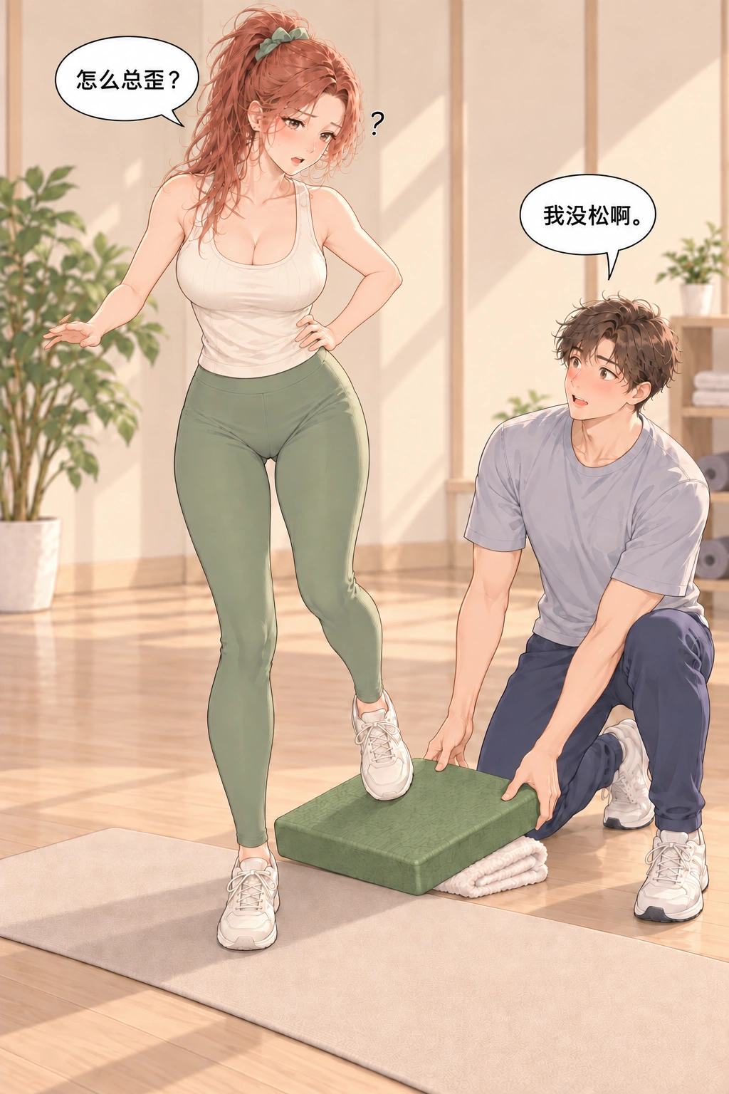 扶稳再放手漫画画面：平衡垫总倾斜两人疑惑