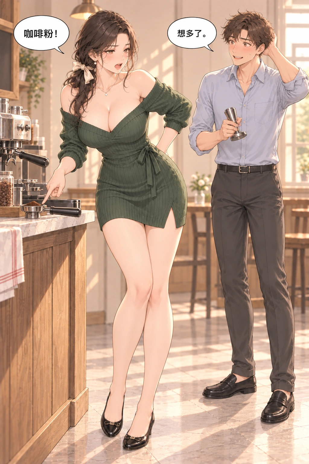 给我压一下漫画画面：她指着咖啡粉解释需要帮忙