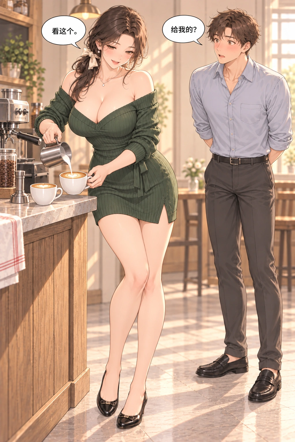 给我压一下漫画画面：她用牛奶画出心形拉花