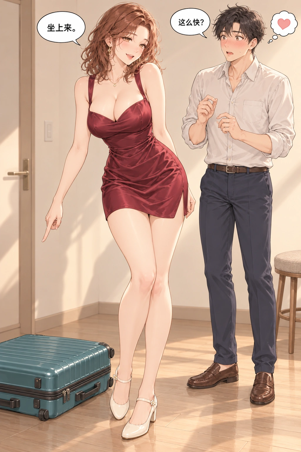 坐上来试试漫画画面：收拾行李时她请他坐上来