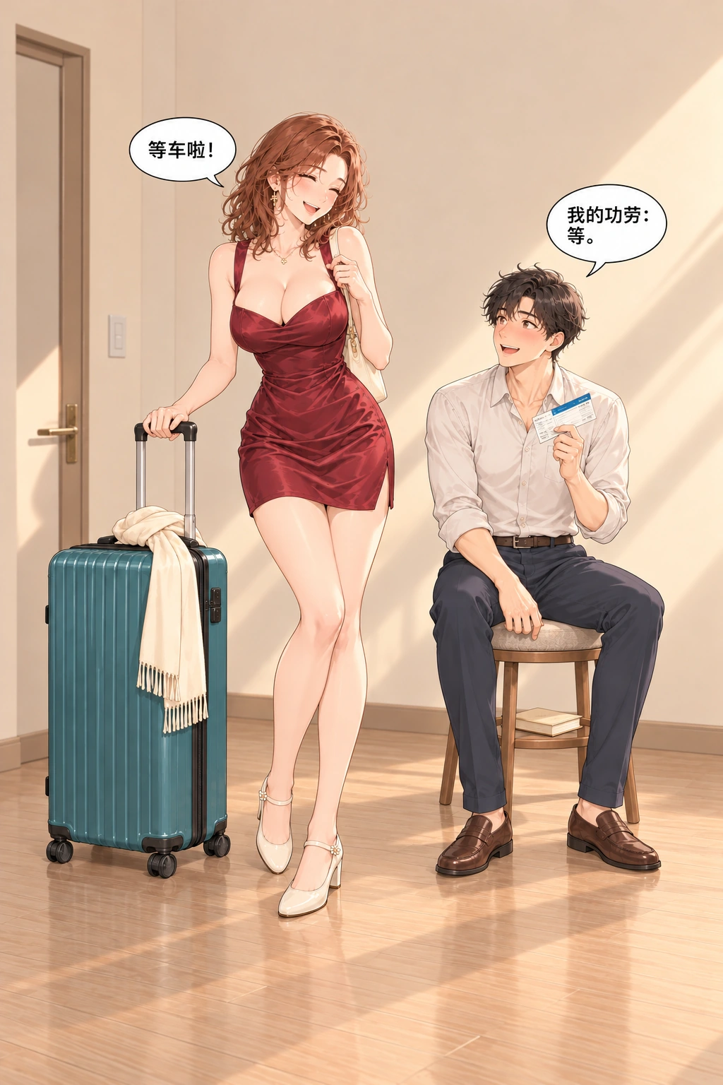 坐上来试试漫画画面：两人整理好行李坐下等车