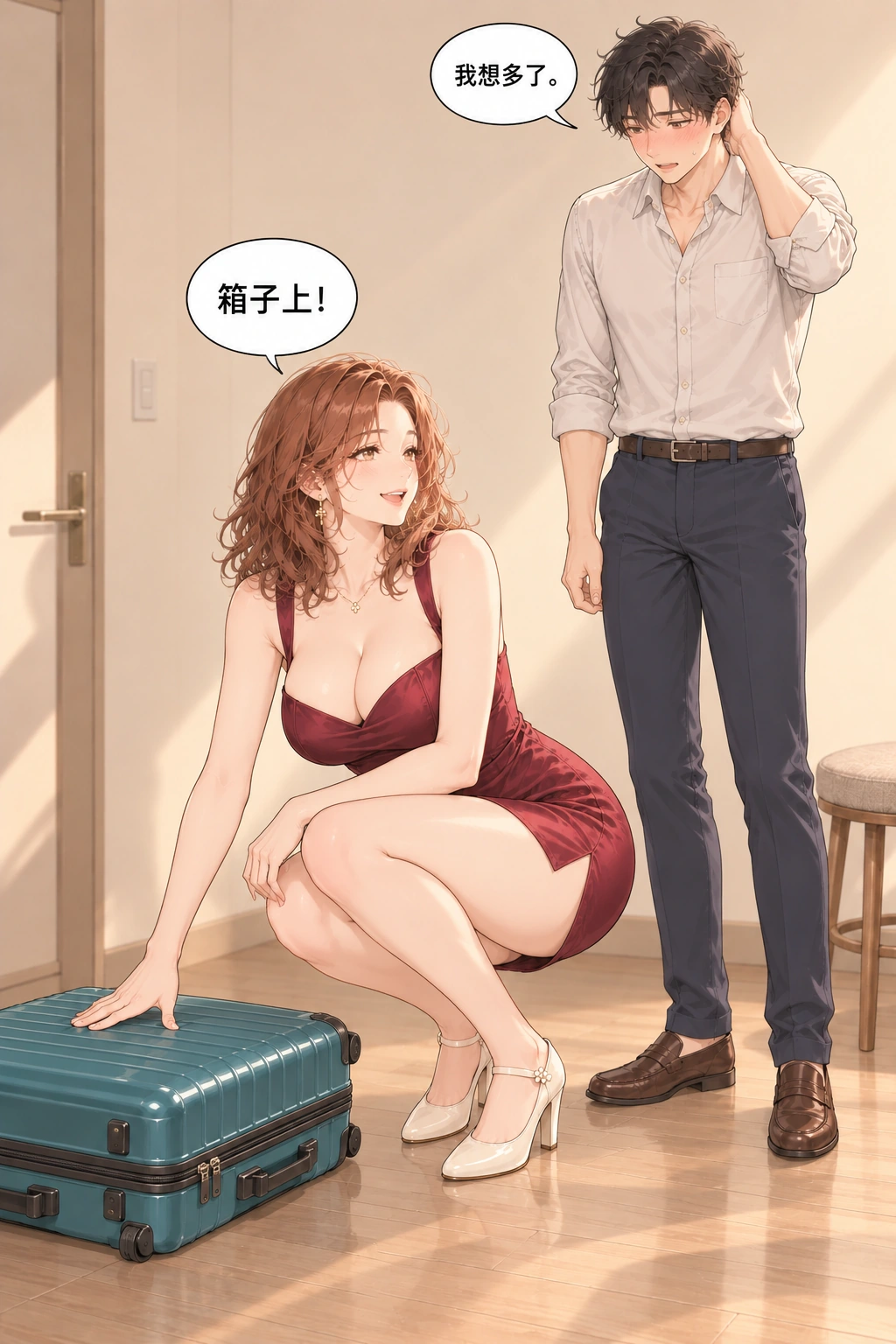 坐上来试试漫画画面：她指着行李箱揭晓误会
