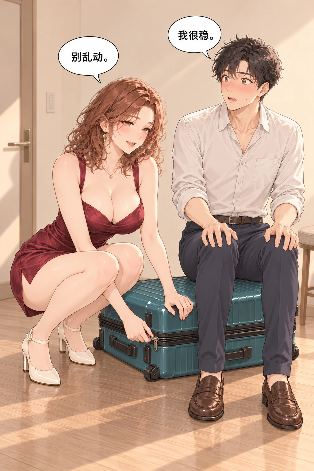 坐上来试试漫画画面：他坐在箱子上帮助合拢