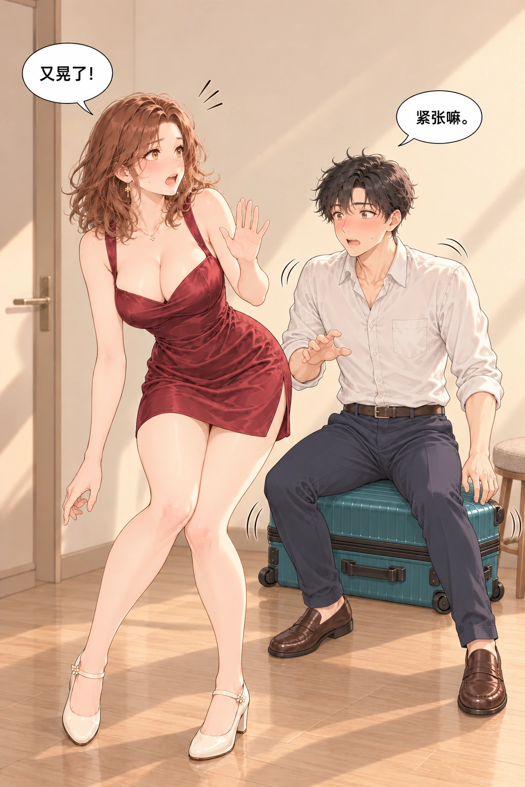 坐上来试试漫画画面：箱子晃动她提醒坐稳