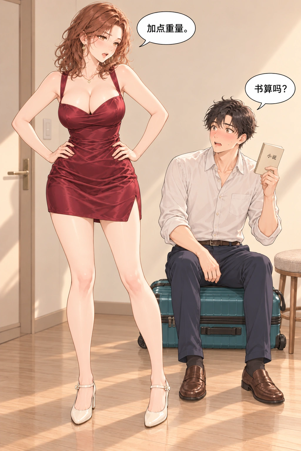 坐上来试试漫画画面：他拿出小书想增加重量
