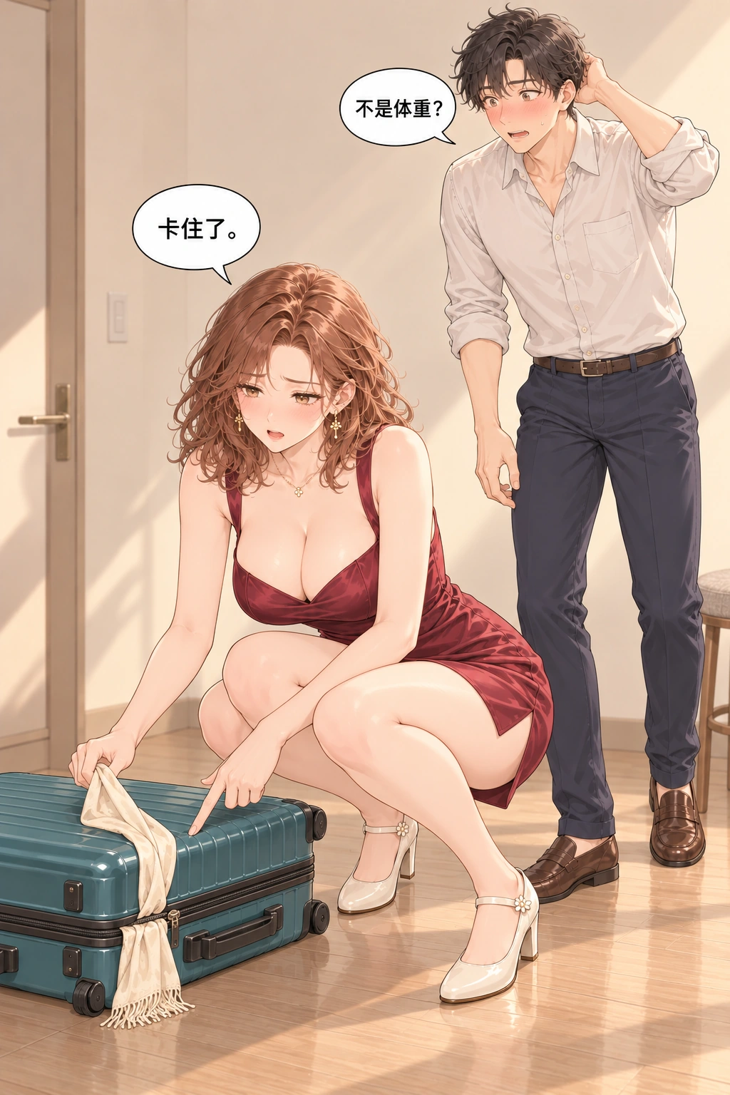 坐上来试试漫画画面：发现围巾卡住了拉链
