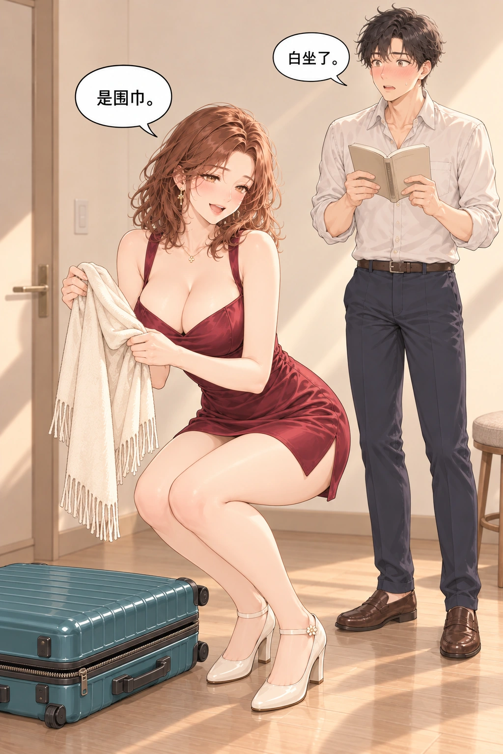 坐上来试试漫画画面：她取出夹在拉链里的围巾