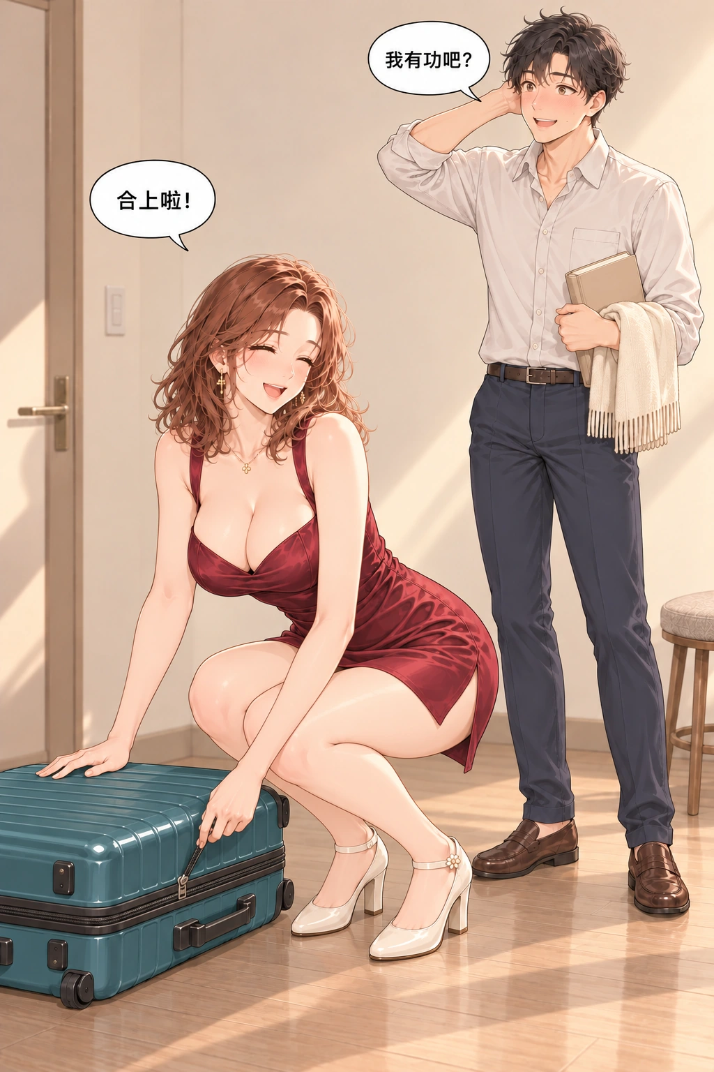 坐上来试试漫画画面：拉链顺利合拢行李收好