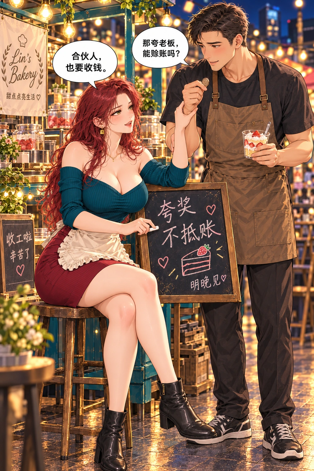 夸我可以,先付钱漫画画面:收摊时合伙人买蛋糕,夸奖不能抵账的调侃回扣开头