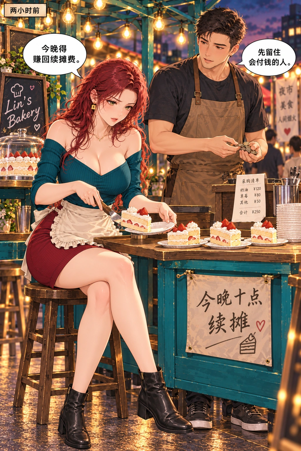 夸我可以,先付钱漫画画面:两小时前备好蛋糕与续摊目标,剩余库存已有铺垫