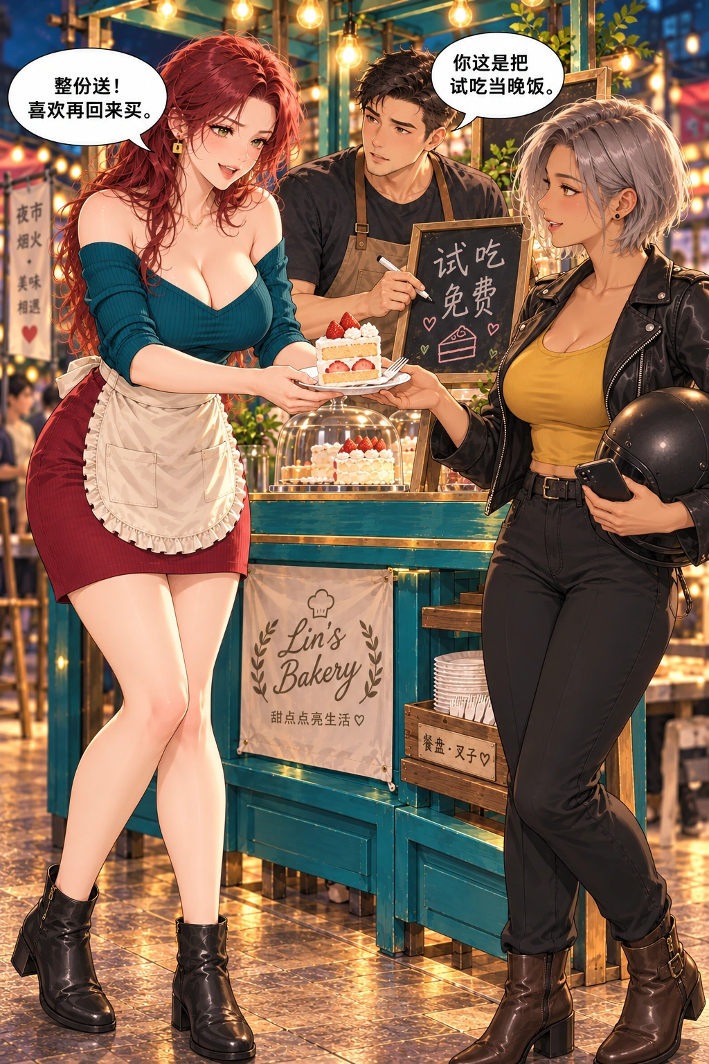 夸我可以,先付钱漫画画面:女主用整份免费试吃赌回购,搭档虽然担心仍配合