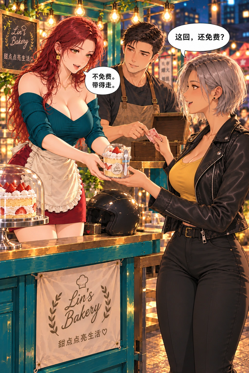 夸我可以,先付钱漫画画面:骑车顾客单手拿杯装蛋糕并付款,条件明确
