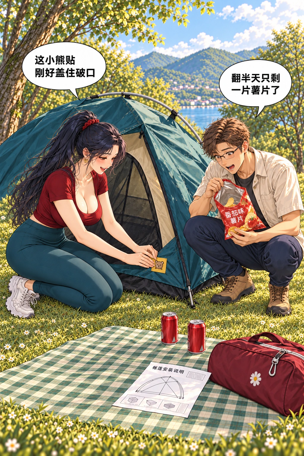 其实我一次都没搭过漫画画面：贴好补片的帐篷圆滚滚的