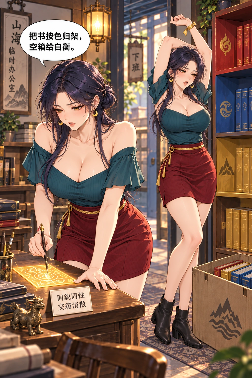 分身比我先下班？漫画画面：《分身比我先下班？》：云舒试图甩掉工作，另一个她出现