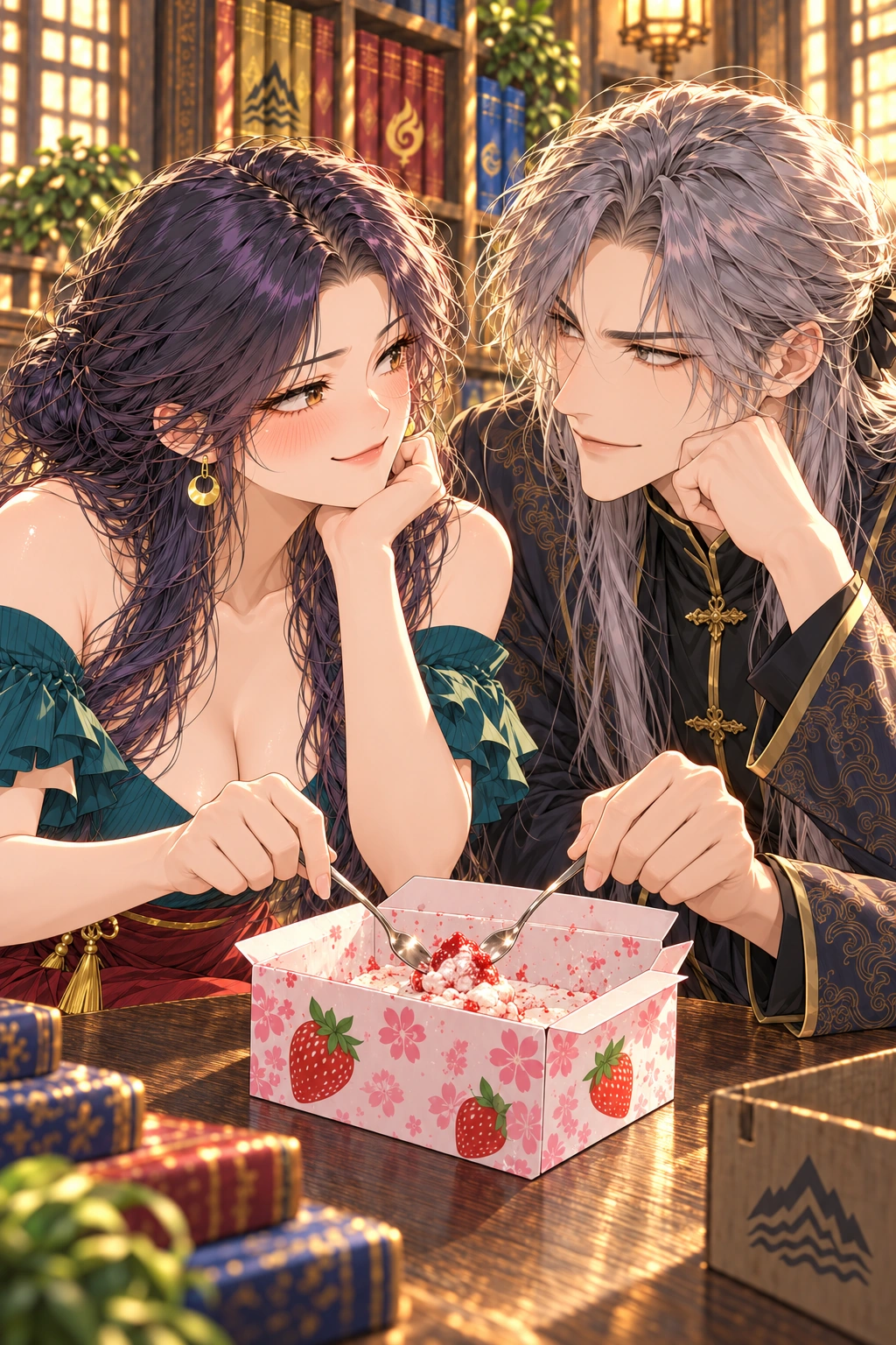 分身比我先下班？漫画画面：《分身比我先下班？》：男女人物想同抢最后一口，默契却仍嘴馋