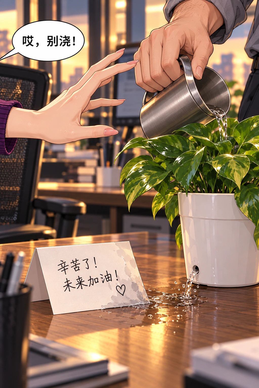 这盆先别浇漫画画面：《这盆先别浇》：善意浇水直接毁掉亲手卡片
