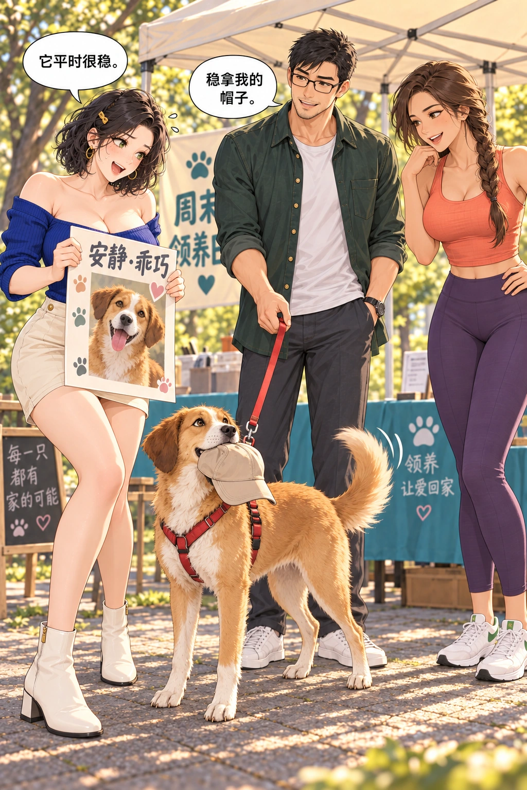 别把我修乖了漫画画面：领养日现场小狗叼走志愿者的帽子，广告显得尴尬