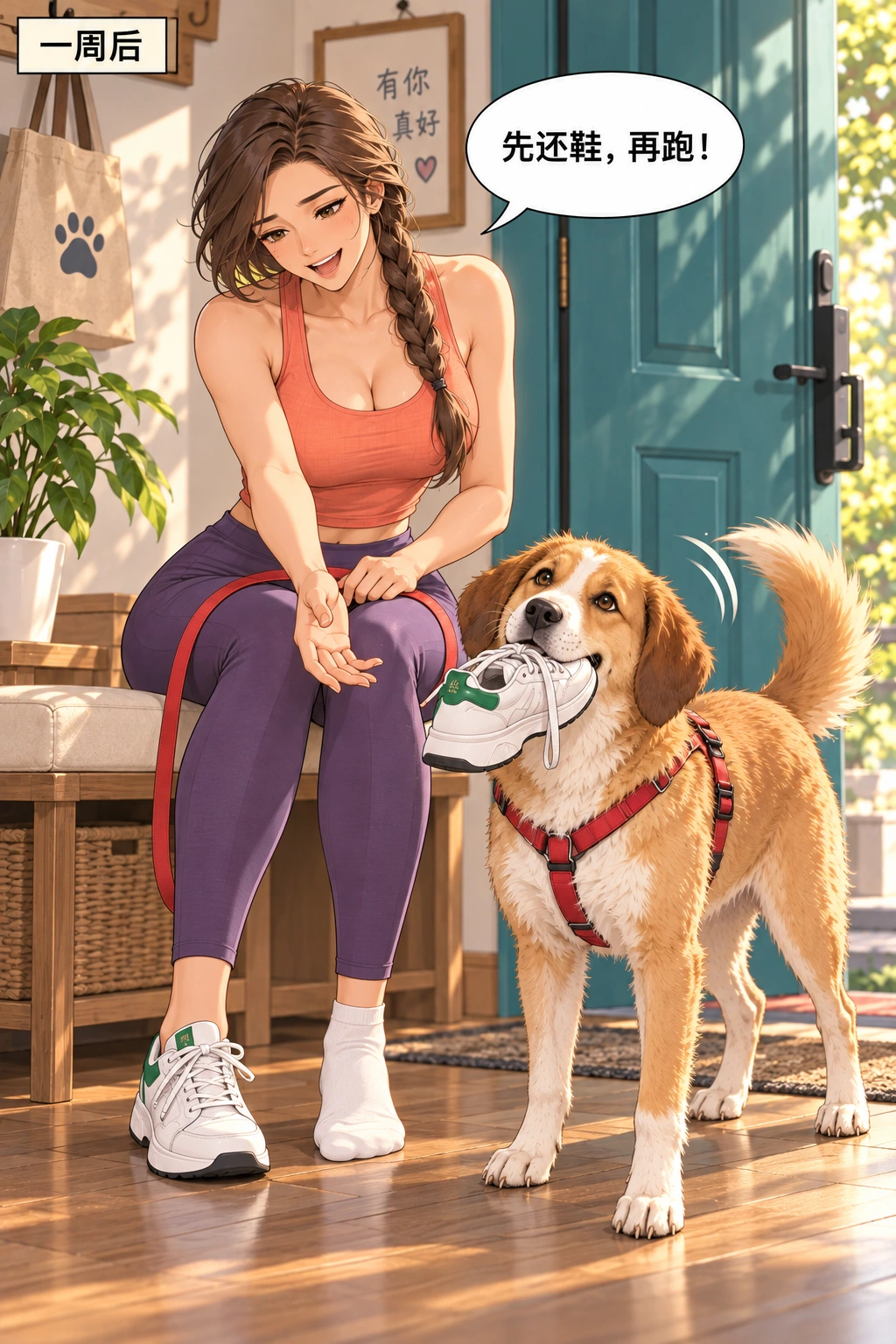 别把我修乖了漫画画面：一周后在新家，小狗仍爱叼东西，跑步前先还鞋