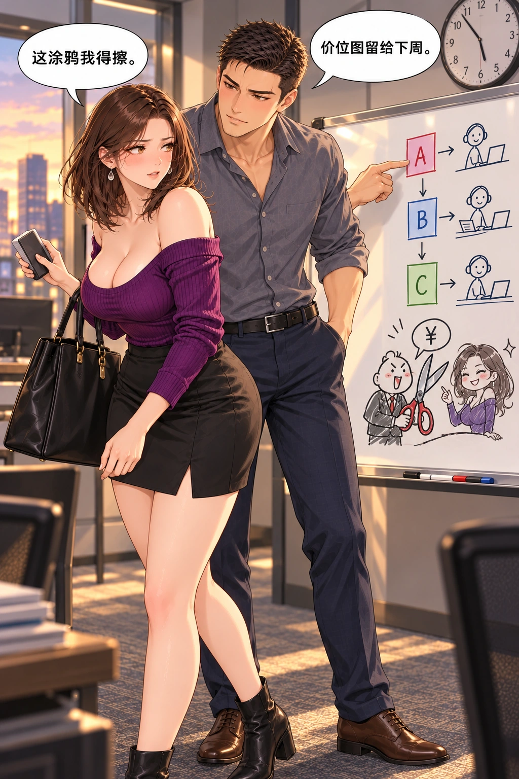 别把这格擦了漫画画面：《别把这格擦了》：两人都想下班，却对这块白板有相反打算