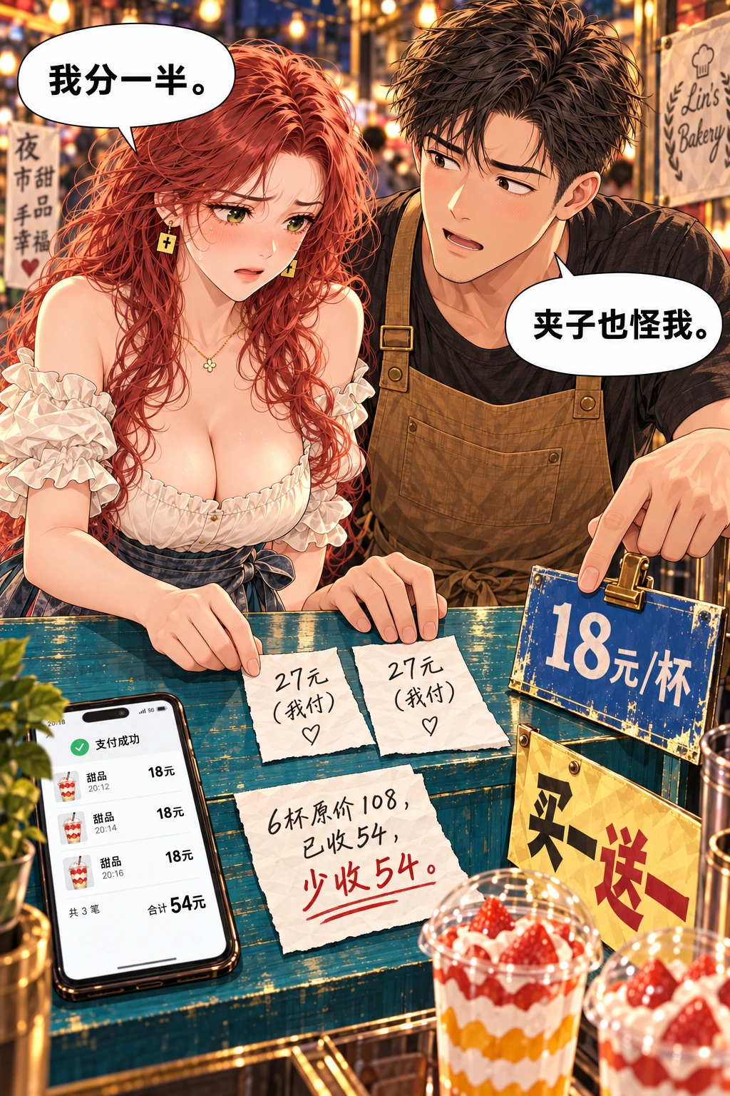 被风拐走的价牌漫画画面：《被风拐走的价牌》：双方分担54元少收，不把责任全给对方