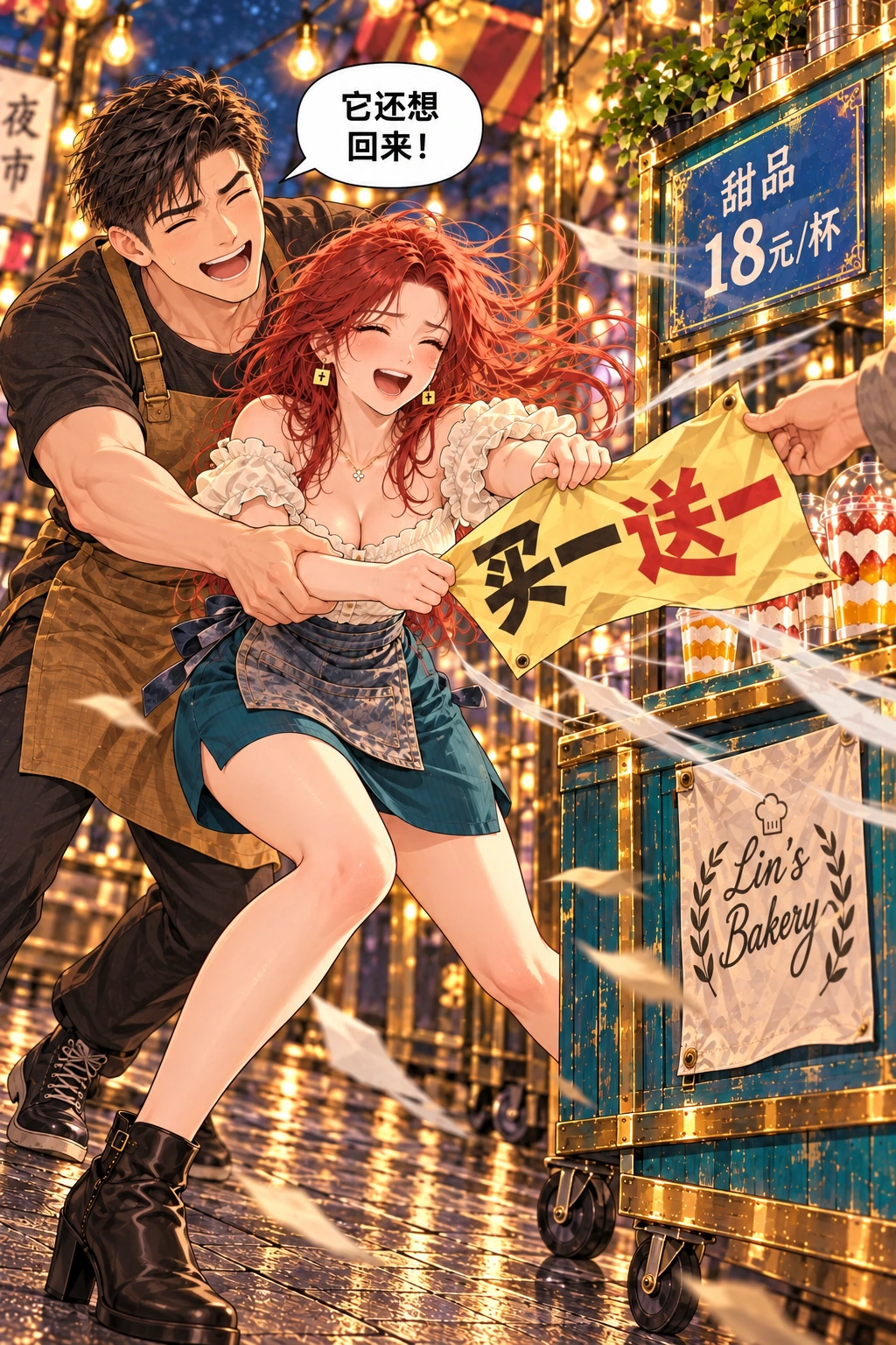 被风拐走的价牌漫画画面：《被风拐走的价牌》：同一块牌第二次制造可见笑点，两人自然协作