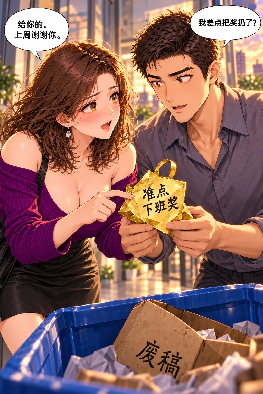 别把奖扔了漫画画面:《别把奖扔了》:她主动说出谢意,他明白自己差点扔掉什么